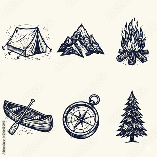 Camping Essentials Set: Tent, Mountains, Campfire, Canoe, Compass, and Tree in Black and White