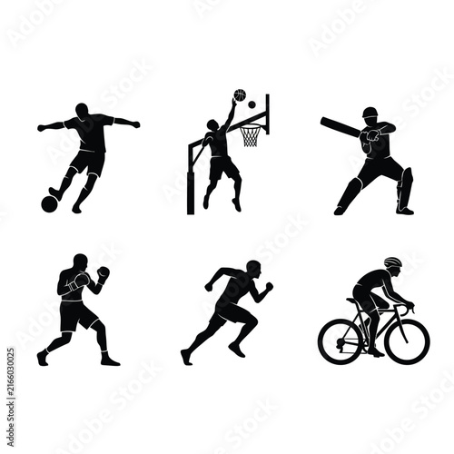 Silhouettes of Athletes Engaging in Various Sports Activities on White Background