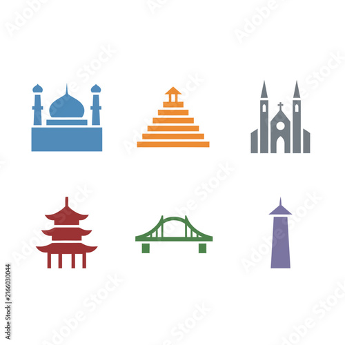 Collection of six global landmark icons isolated on white background architecture design vector illustration