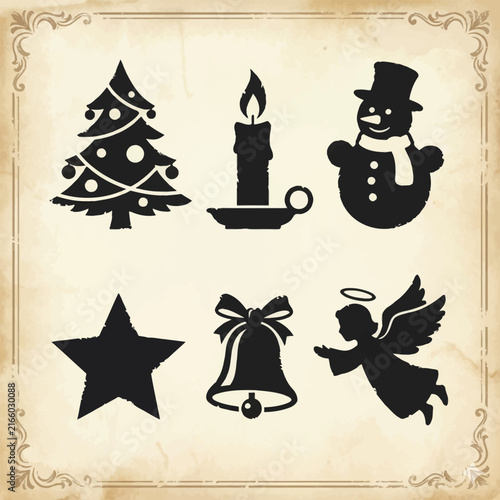 Vintage Christmas Icons Set with Snowman and Angel on Aged Background