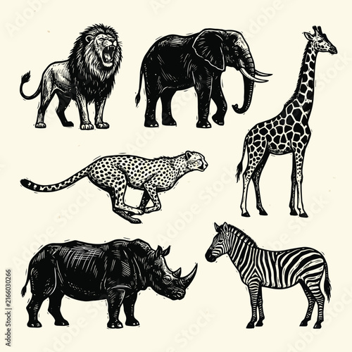 Illustration of African Wildlife Animals including Lion, Elephant, and Giraffe in Black and White