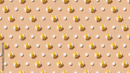 Yellow gem white seamless faceted shape pattern, hexagon sphere mix, warm peach background