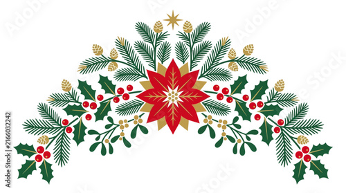Christmas garland ornament, a festive Christmas Tree Decoration ribbon. Features poinsettia, pine, holly, and golden accents, radiating a beautiful, light-filled holiday spirit