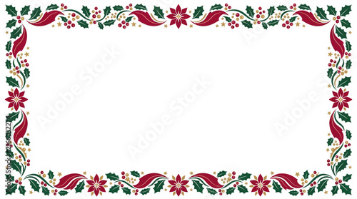 Elegant Christmas Garland Frame with Poinsettia Ornaments Ribbon and Decorative Lights for Holiday Festive Background Design