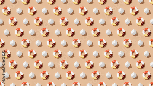 Terracotta seamless donut cube tile pattern, mixed ring cube shapes, warm peach background