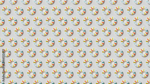 Seamless donut ring pattern, multicolor segmented torus shapes, orange blue yellow teal