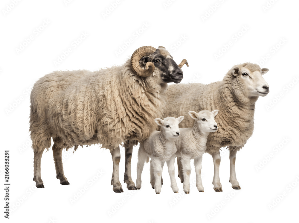 Obraz premium Ram with ewe and lambs standing together
