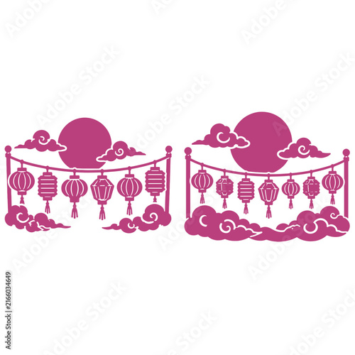 Festival Night Sky Lantern Row Mid Autumn Celebration Stencil Vector