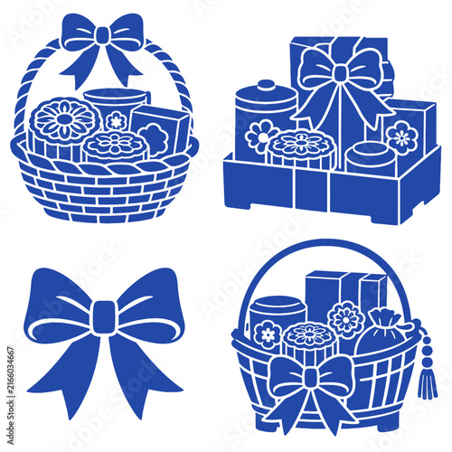 Festive Gift Basket Ribbon Bow Mid Autumn Hamper Stencil Vector