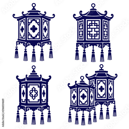 Ornate Palace Lantern Wood Carved Mid Autumn Festival Stencil Silhouette Vector