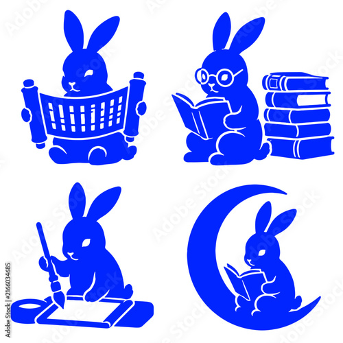 Reading Moon Rabbit Jade Rabbit Scholar Stencil Silhouette Vector