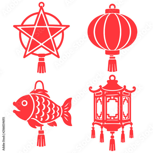 Traditional Folklore Paper Lantern Mid Autumn Festival Stencil Silhouette Vector
