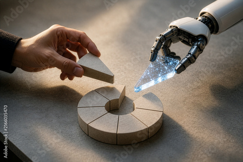 Human hand and robot arm assembling puzzle piece collaboration concept