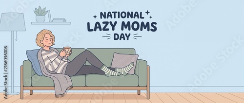 National Lazy Moms Day with Scandinavian mom relaxing on sofa, minimal Nordic vector illustration of motherhood, leisure and rest with generous copy space