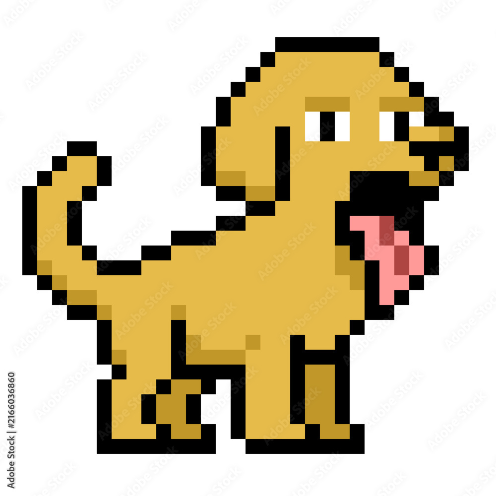 Fototapeta premium Cute pixel art excited yellow dog or puppy with tongue sticking out for 8-bit retro