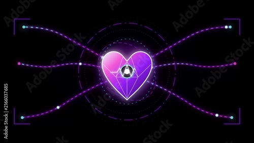 Futuristic heart lock icon animation, neon purple glowing love padlock with circuit lines on dark tech background