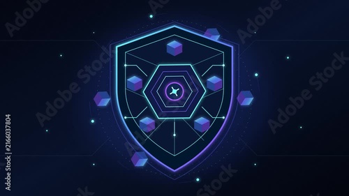 Futuristic cybersecurity shield animation, glowing blue neon network protection icon. Digital data security background loop