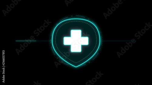 Glowing medical cross shield icon, neon teal HUD interface symbol on dark background, futuristic healthcare technology loop