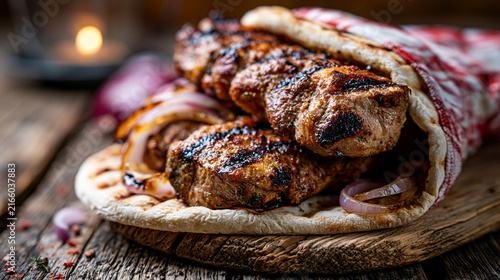 Grilled kebab meat wrapped in flatbread with red onion on wooden board flatbread barbecue