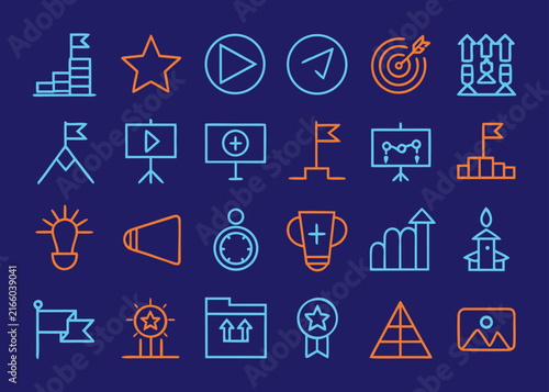 Twenty four linear success icons like stars trophies and flags are arranged in rows on a dark blue background.