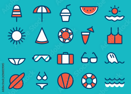 Twenty summer icons featuring beach wear fruit and sun symbols are displayed on a bright turquoise background.