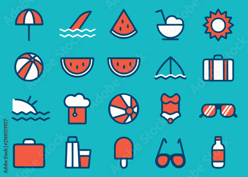 Twenty simple summer icons representing beach gear and travel items are arranged on a turquoise background.