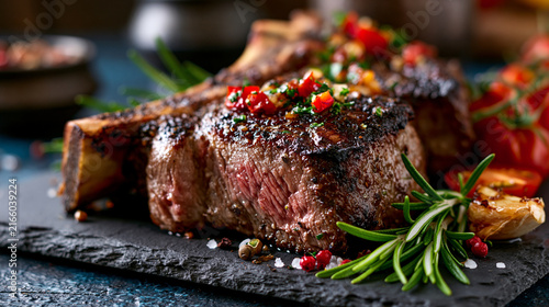Grilled beef steak with tomatoes and fresh rosemary on a dark slate board tomatoes rosemary
