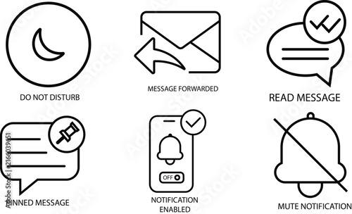 Notification and messaging outline icons set featuring do not disturb forwarded read pinned enabled and muted message alerts isolated on transparent background.