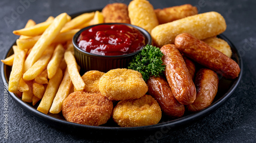Assorted fried food platter with french fries nuggets sausages and ketchup dip