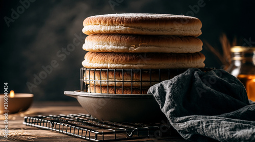 Stack of freshly baked cake layers on a metal cooling rack with dark rustic background