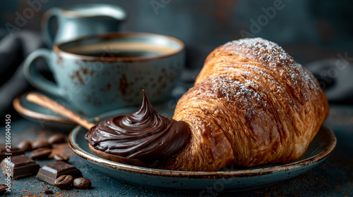 Freshly baked croissant served with chocolate spread and cup of hot coffee