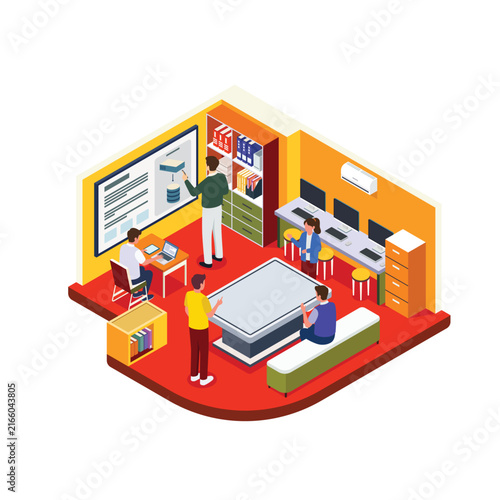 Isometric Modern Classroom with Students Using Laptops and Teacher Explaining
