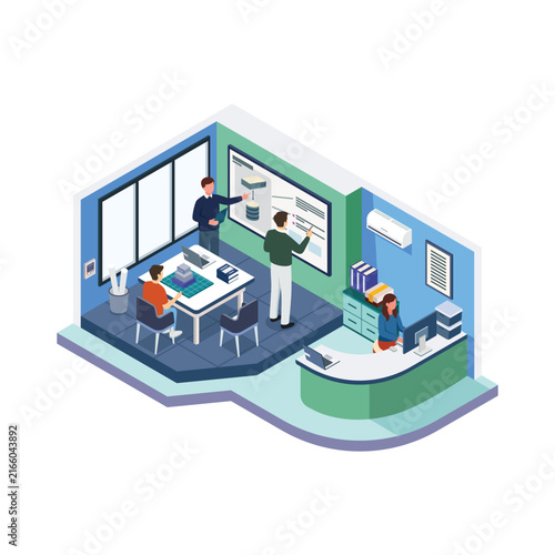 Isometric Modern Study Space Illustration with Teacher Explaining