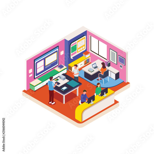 Isometric Digital Workplace Concept with Computer Setup, Presentation Screen and Lounge Corner