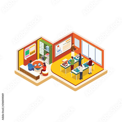 Isometric Digital Workplace Concept with Instructor Teaching and Students Working
