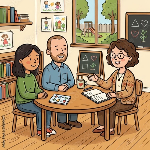 Parents meeting with teacher in classroom