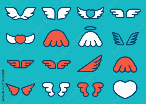 Sixteen illustrated icons depicting pairs of wings coupled with heart shapes and a halo are arranged in a four by four grid layout.
