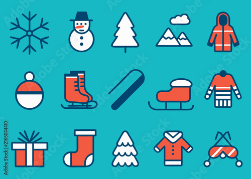 Fifteen flat style icons depicting winter objects such as a sled and mountains are displayed in a grid on a solid turquoise background.
