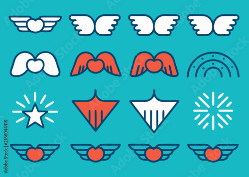 A set of sixteen icons containing winged hearts alongside stars and rainbows is presented in a grid layout on a turquoise backdrop.