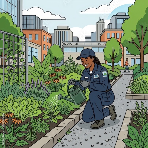 Woman gardener watering plants in urban community garden