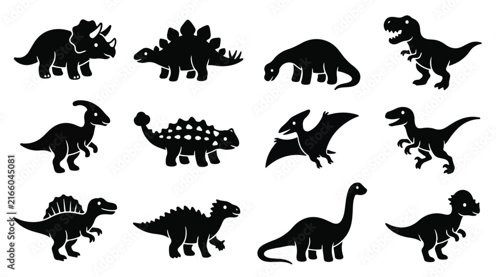 Obraz premium A set of various cute dinosaurs silhouette vector illustration on a white background 