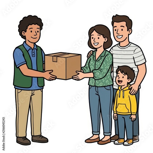 Delivery man handing package to happy family isolated on white