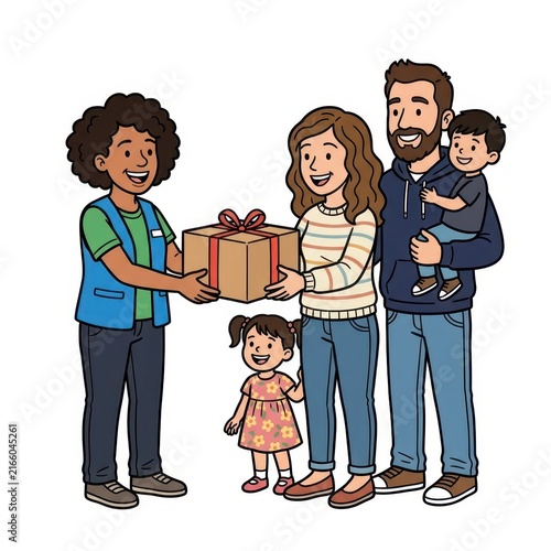 Store employee handing a gift to a family