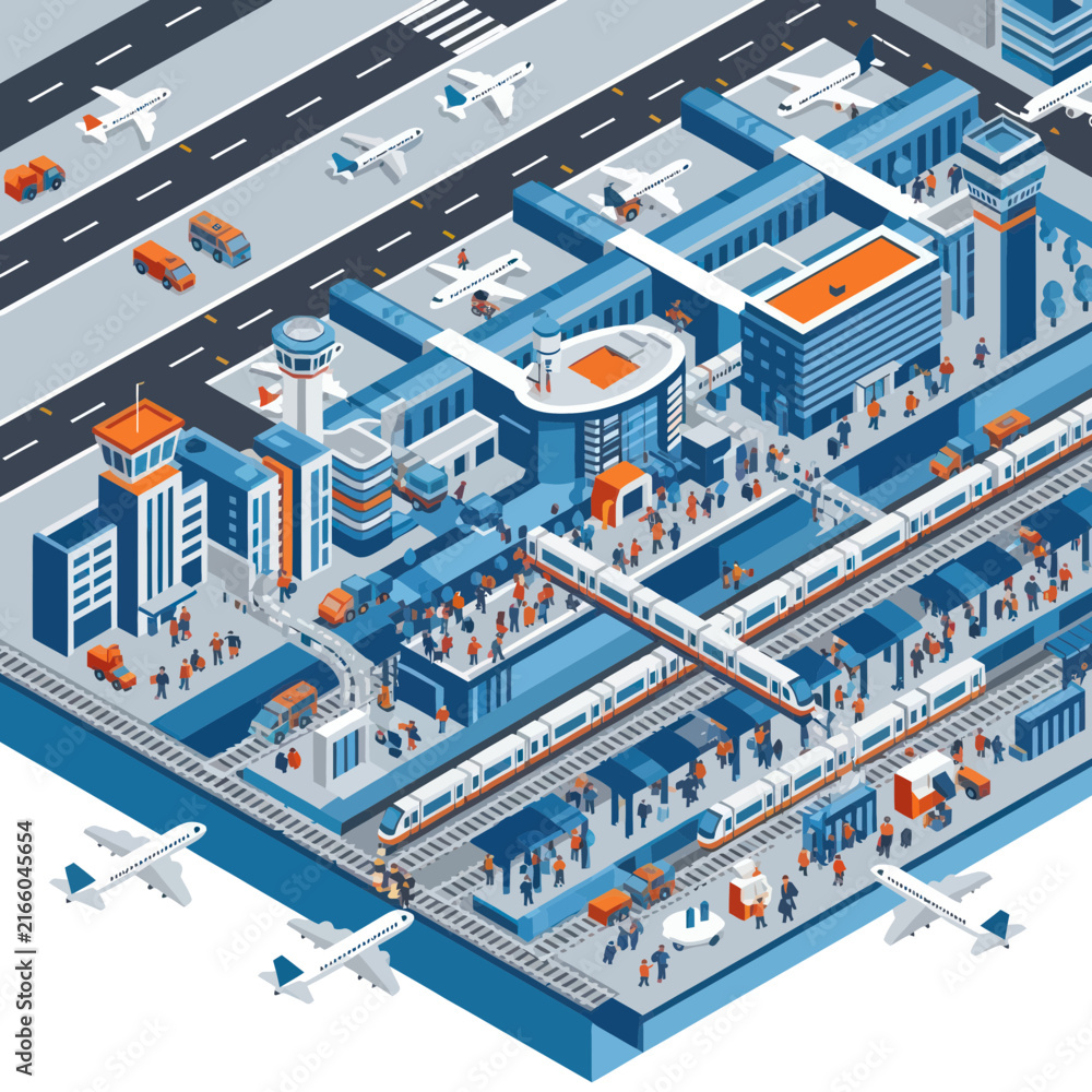 Fototapeta premium Isometric cityscape with airport and transportation hubs.