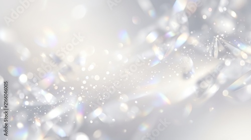 Abstract bright white featuring floating crystal shards and diamond dust with soft bokeh lights and prism refraction effects, creating an elegant ethereal atmosphere suitable