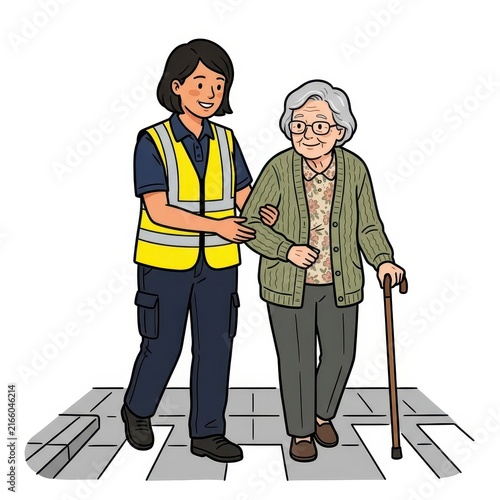 Caregiver helping elderly woman walk across street