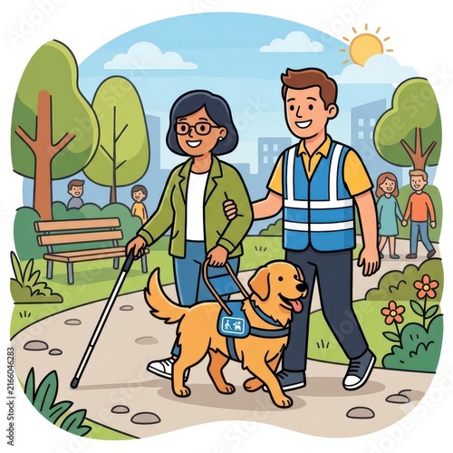 Blind woman walking with guide dog and assistant