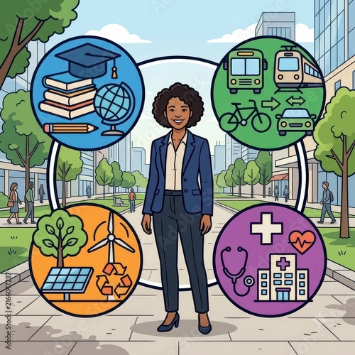 Businesswoman with icons of education transport environment and health