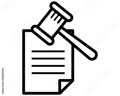 Gavel and legal document paper icon symbol with document contract agreement illustration isolated government authority punishment sentence regulation business corporate property ownership