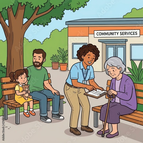 Social worker assisting senior woman at community center